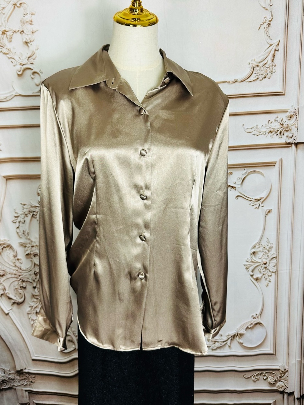 Satin Button-Down Blouse - Taupe - Picture 2 of 11